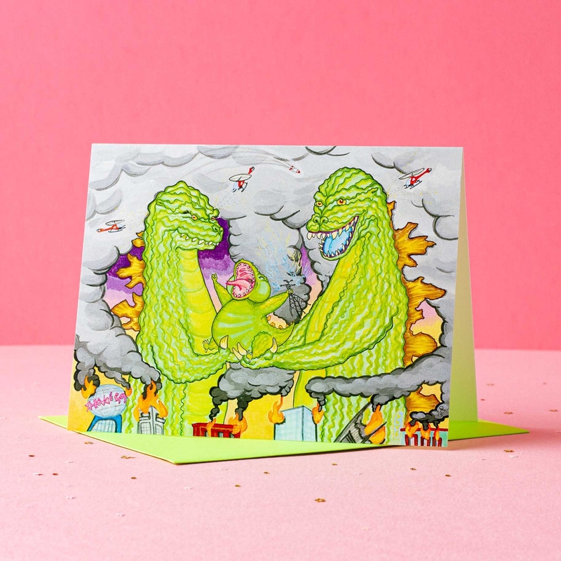 Baby Godzilla greeting card by Quinn Curnow