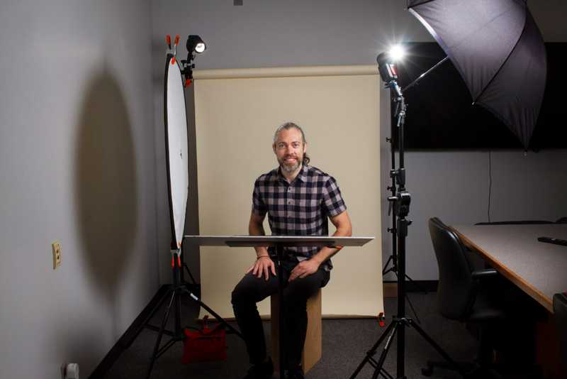 Behind the scenes headshot setup of Chris Korsak at Oregon Metal
Services