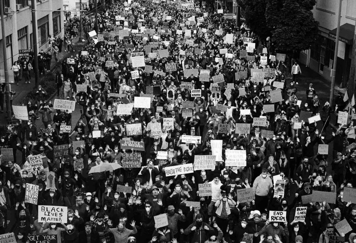 Overhead view of people at the George Floyd protest in Portland, OR on 06/05/20