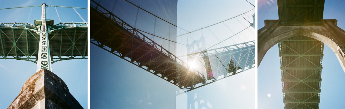 Triptych composite image of St. Johns Bridge in Portland, OR